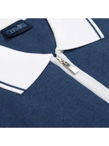 Germirli Blue Zippered Polo Collar Cotton Regular Fit Sweater - 3