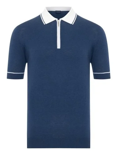 Germirli Blue Zippered Polo Collar Cotton Regular Fit Sweater - 1