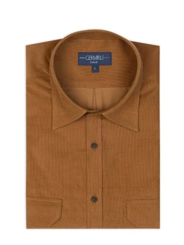 Germirli Camel Color Thin Velvet Soft Collar Tailor Fit Utility Pure Cotton Shirt - 2
