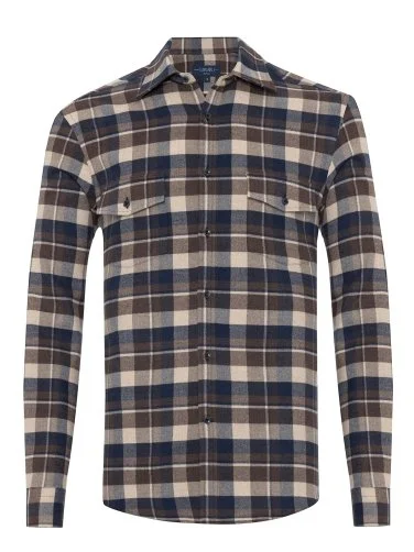 Germirli Coffee Navy Beige Plaid Flannel Tailor Fit Overshirt Lumberjack Shirt - 1