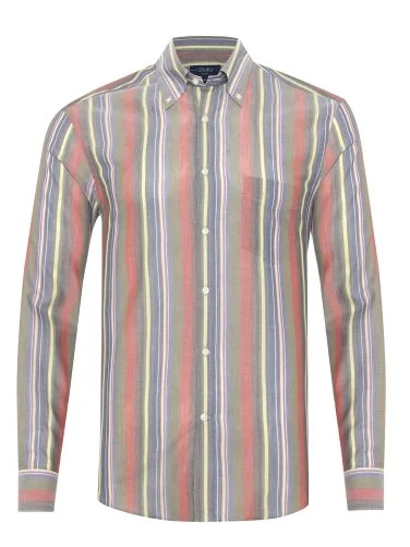 Germirli Colorful Vintage Thick Striped Button-down Collar Pocket Tailor Fit Cotton Shirt - 1