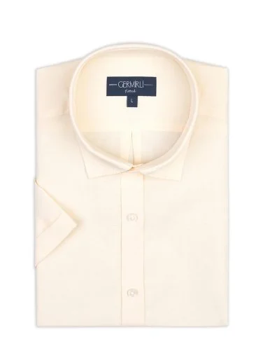 Germirli Cream Color Tailor Fit Soft Collar Lyocell Linen Short Sleeve Men's Shirt - 2