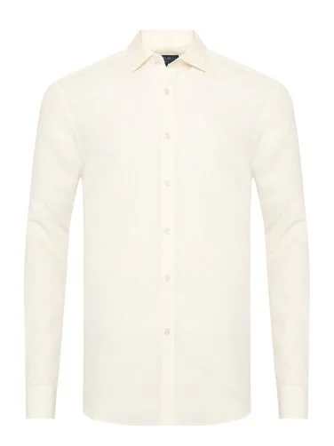 Cream Color Soft Collar Tailor Fit Tencel Linen Shirt with Germirli Hem - 1