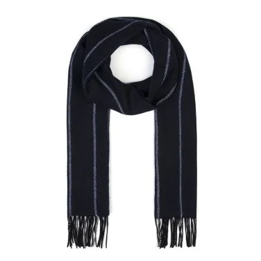 Germirli Wool Scarf with Navy Blue Herringbone and White Stripes - 1