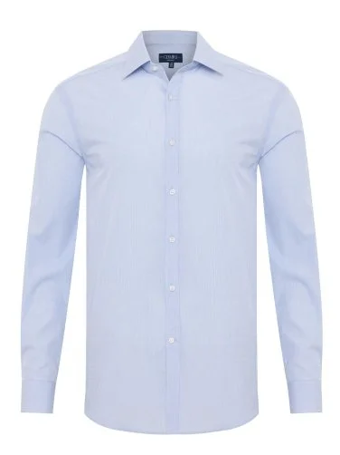 Germirli Exclusive Thin Blue Striped Tailor Fit Classic Collar Albini Piumino Giza Cotton Shirt - 3