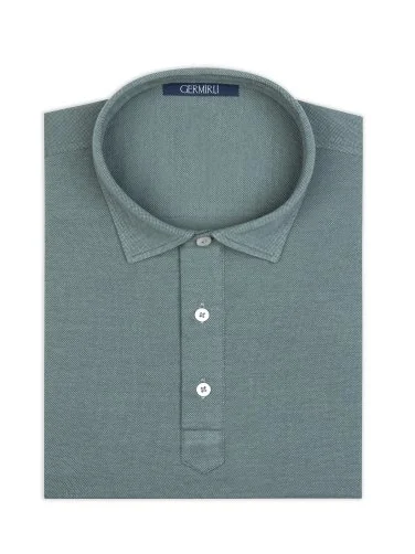 Green Piquet Shirt Collar Regular Fit Mercerized Cotton Tencel T-Shirt with Germirli - 2