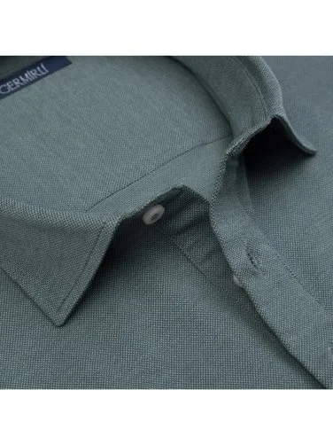 Green Piquet Shirt Collar Regular Fit Mercerized Cotton Tencel T-Shirt with Germirli - 3
