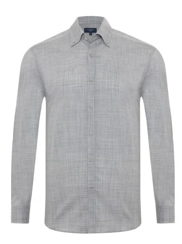 Germirli Grey Melange Thomas Mason Button-down Collar Tailor Fit Pure Wool Shirt - 1