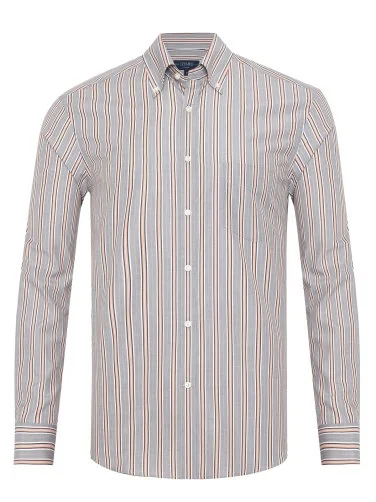 Germirli Grey Salmon Striped Button-Down Collar Pocket Tailor Fit Cotton Shirt - 2