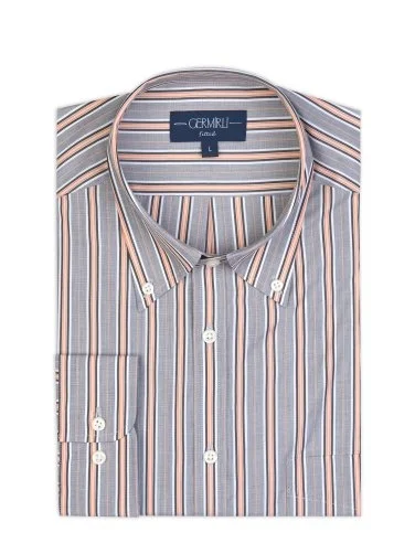 Germirli Grey Salmon Striped Button-Down Collar Pocket Tailor Fit Cotton Shirt - 1