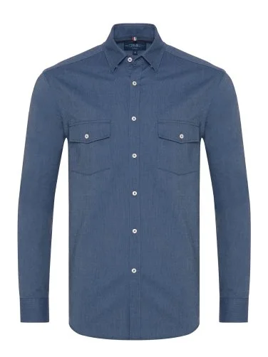 Germirli Indigo Blue Hidden Button Collar Flap Pocket Tailor Fit Sport Oxford Men's Shirt - 1