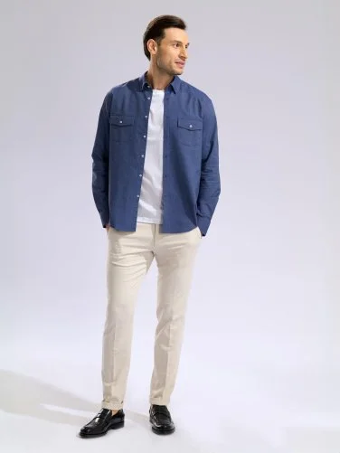 Germirli Indigo Blue Hidden Button Collar Flap Pocket Tailor Fit Sport Oxford Men's Shirt - 6