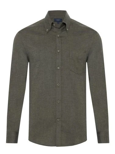 Germirli Khaki Herringbone Pattern Albini Cotton Lyocell Tencel Tailor Fit Flannel Shirt - 1