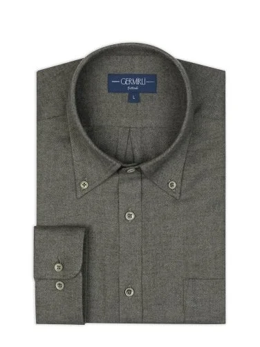 Germirli Khaki Herringbone Pattern Albini Cotton Lyocell Tencel Tailor Fit Flannel Shirt - 2