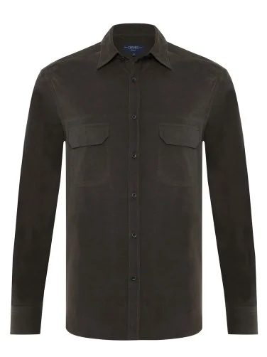 Germirli Khaki Thin Velvet Soft Collar Albini Tailor Fit Utility Pure Cotton Shirt - 1