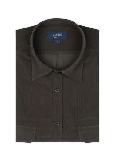 Germirli Khaki Thin Velvet Soft Collar Albini Tailor Fit Utility Pure Cotton Shirt - 2