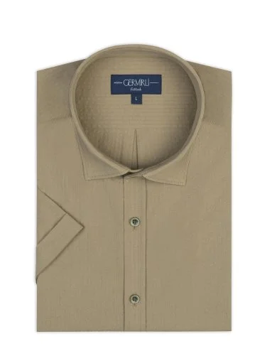 Germirli Khaki Tailor Fit Soft Collar Seersucker Men's Short Sleeve Cotton Shirt - 2