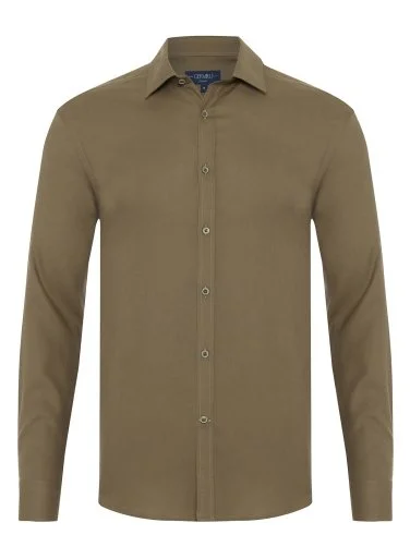 Germirli Khaki Twill Texture Soft Collar Tailor Fit Cotton Wool Shirt - 1