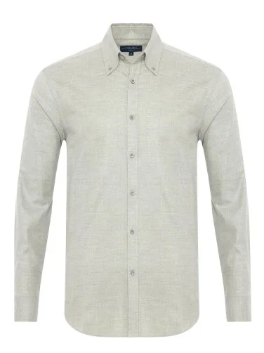 Germirli Light Grey Button-Down Collar Albini Cotton Tencel Tailor Fit Relaxed Fit Herringbone Flannel Shirt - 1
