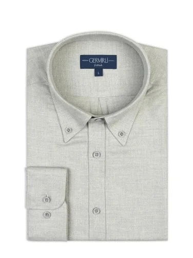 Germirli Light Grey Button-Down Collar Albini Cotton Tencel Tailor Fit Relaxed Fit Herringbone Flannel Shirt - 2