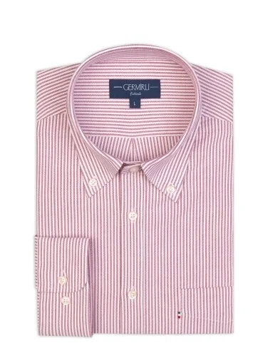 Germirli Burgundy Striped Button-Down Collar Pocket Tailor Fit Sport Oxford Men's Shirt - 1