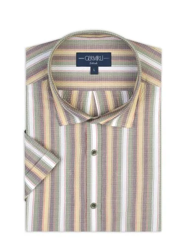 Germirli Multicolor Striped Tailor Fit Soft Collar Seersucker Men's Short Sleeve Cotton Shirt - 3