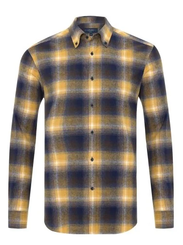 Mustard Flannel Plaid Albiate Button-Down Collar Tailor Fit Cotton Lumberjack Shirt with Germirli - 1