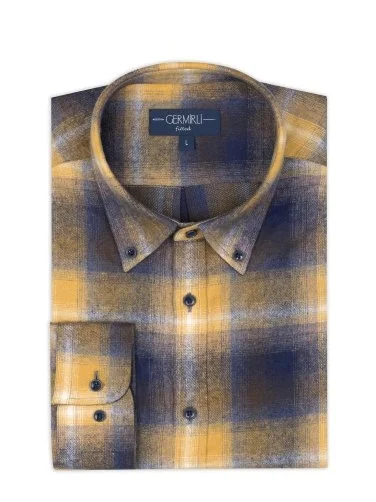 Mustard Flannel Plaid Albiate Button-Down Collar Tailor Fit Cotton Lumberjack Shirt with Germirli - 2