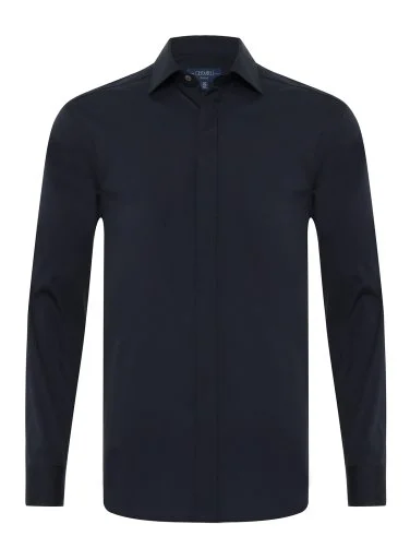 Germirli Navy Blue Hidden Placket Classic Collar Tailor Fit Cotton Elastane Shirt - 1