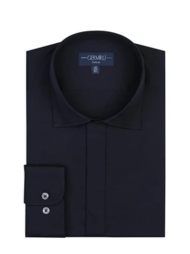 Germirli Navy Blue Hidden Placket Classic Collar Tailor Fit Cotton Elastane Shirt - 2