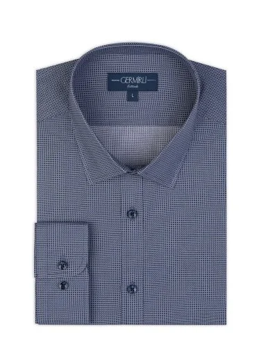 Germirli Navy Blue Small Patterned Soft Collar Tailor Fit Cotton Shirt - 2