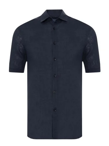 Germirli Navy Blue Soft Collar Tailor Fit Short Sleeve Linen Shirt - 1