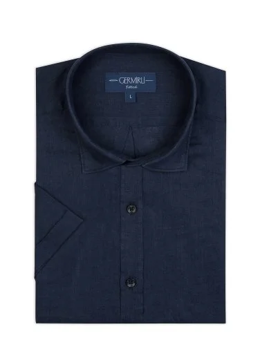 Germirli Navy Blue Soft Collar Tailor Fit Short Sleeve Linen Shirt - 2