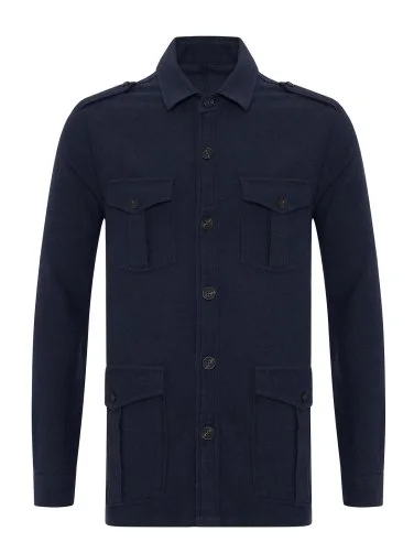 Germirli Navy Blue Denim Textured Germirli Tailor Fit Relaxed Fit Safari Organic Denim Cotton Jacket Shirt - 2