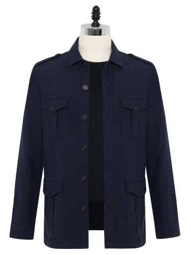 Germirli Navy Blue Denim Textured Germirli Tailor Fit Relaxed Fit Safari Organic Denim Cotton Jacket Shirt - 1