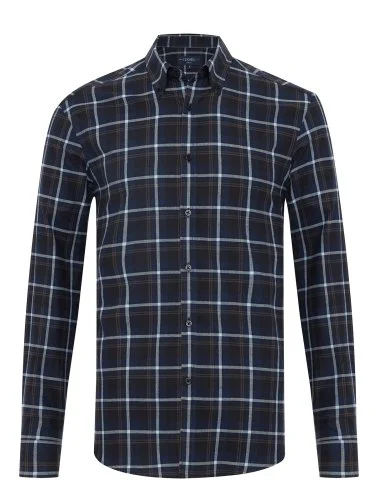 Germirli Navy Blue Flannel Plaid Albiate Button-Down Collar Tailor Fit Cotton Lumberjack Shirt - 1