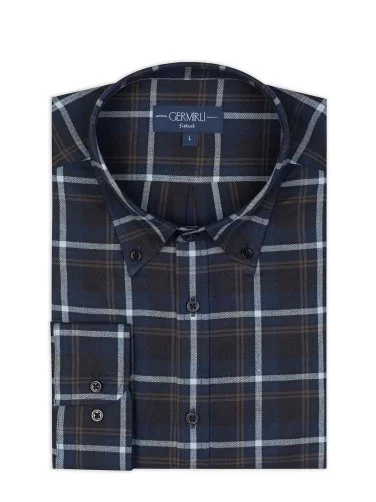 Germirli Navy Blue Flannel Plaid Albiate Button-Down Collar Tailor Fit Cotton Lumberjack Shirt - 2