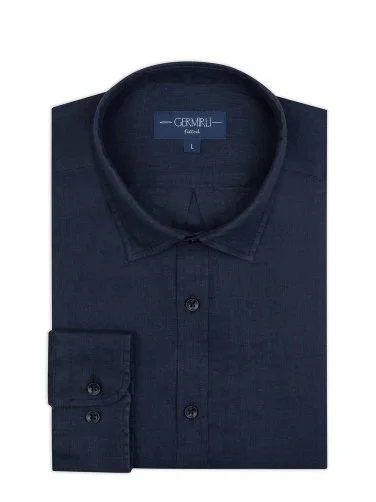 Germirli Navy Blue Soft Collar Tailor Fit Linen Shirt - 2