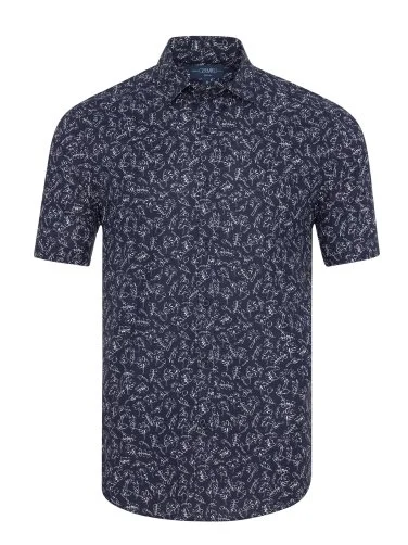 Germirli Navy Blue White Printed Patterned Soft Collar Tailor Fit Short Sleeve Shirt - 1