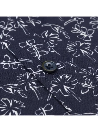 Germirli Navy Blue White Printed Patterned Soft Collar Tailor Fit Short Sleeve Shirt - 3