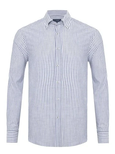 Germirli Navy Blue White Striped Albiate Button-down Collar Tailor Fit Thin Cotton Shirt - 1