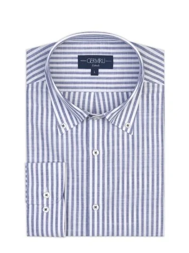Germirli Navy Blue White Striped Albiate Button-down Collar Tailor Fit Thin Cotton Shirt - 2