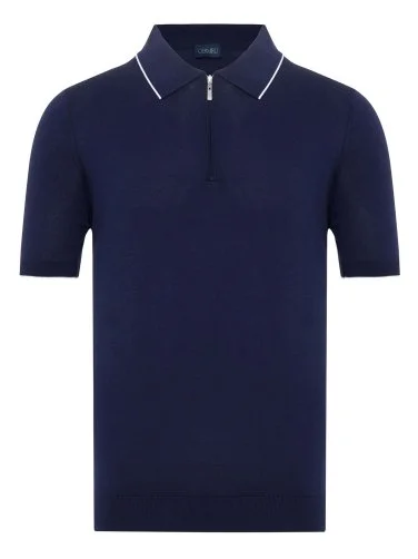 Germirli Navy Blue Zippered Polo Collar Cotton Regular Fit Sweater - 1