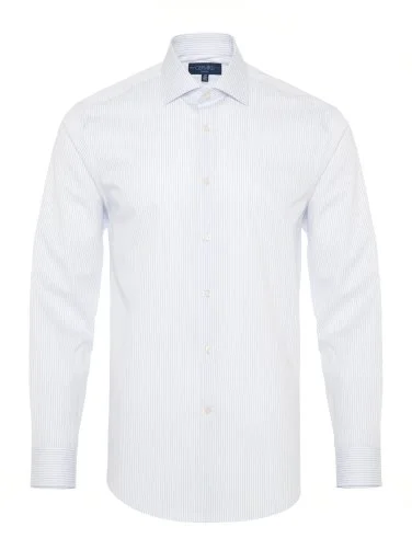 Non Iron Navy Blue Striped Classic Collar Tailor Fit Shirt with Germirli - 1