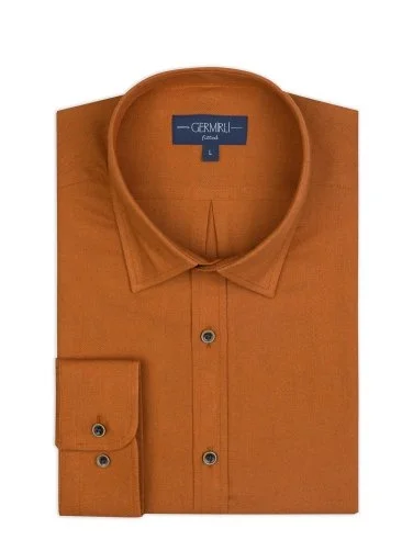 Orange Twill Texture Soft Collar Tailor Fit Cotton Wool Shirt with Germirli - 2