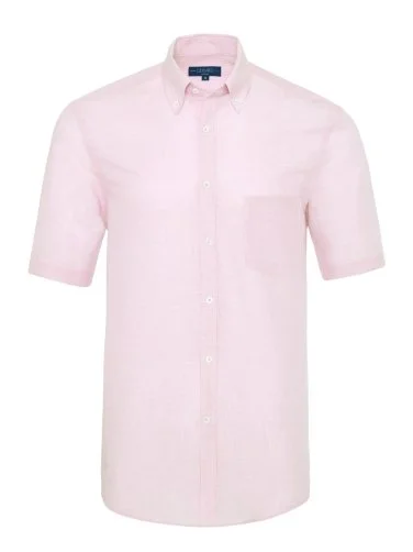 Germirli Pink White Striped Linen Cotton Short Sleeve Button Down Collar Pocket Tailor Fit Shirt - 1