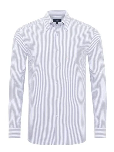 Germirli Purple White Striped Tailor Fit Relaxed Fit Button Down Collar Sport Oxford Organic Cotton Shirt - 1