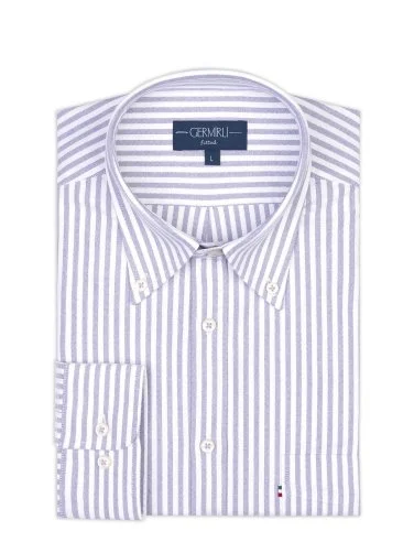 Germirli Purple White Striped Tailor Fit Relaxed Fit Button Down Collar Sport Oxford Organic Cotton Shirt - 2