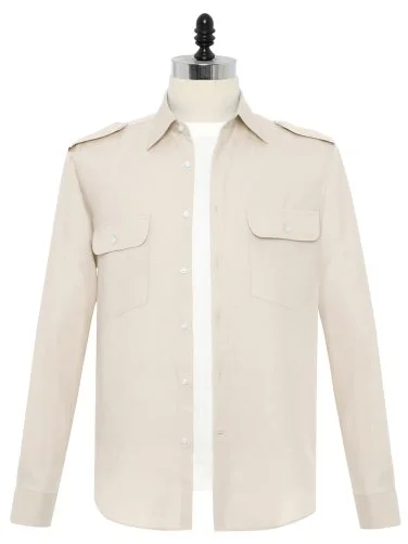 Germirli Sand Beige Color Cotton Tencel Epaulette Cover Pocket Foldable Sleeve Hello Shirt - 1