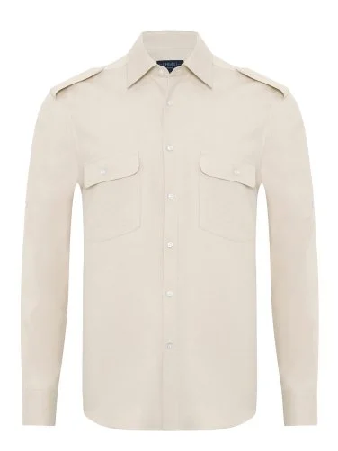 Germirli Sand Beige Color Cotton Tencel Epaulette Cover Pocket Foldable Sleeve Hello Shirt - 2